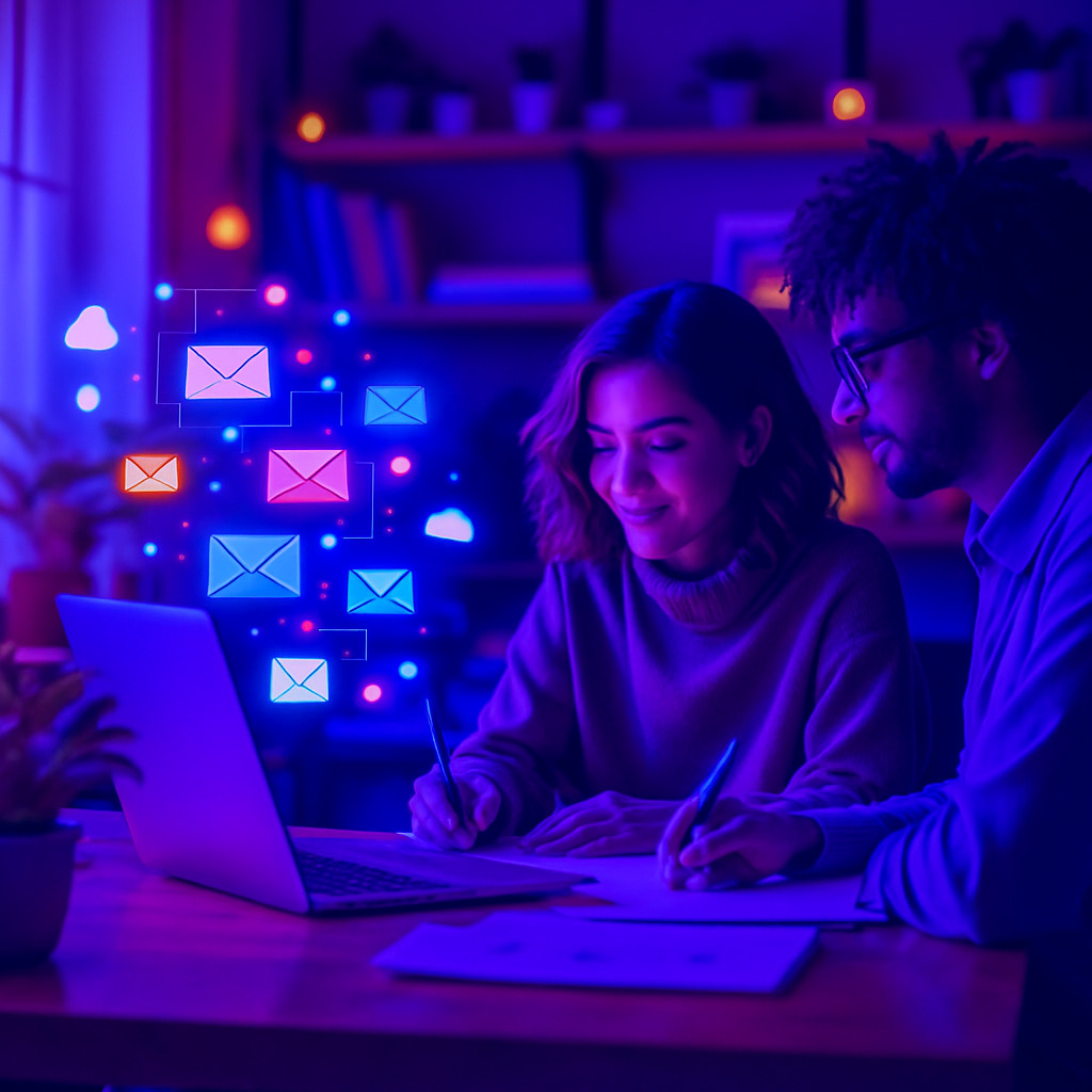 Deux jeunes collaborant devant un ordinateur, prenant des notes, illustrant la création d’un site internet.