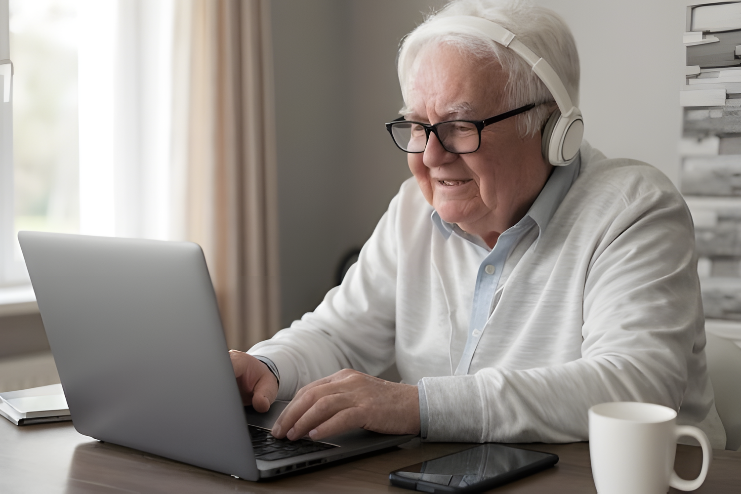 Personne âgée utilisant seule son ordinateur, illustrant l’autonomie acquise grâce à la formation numérique.