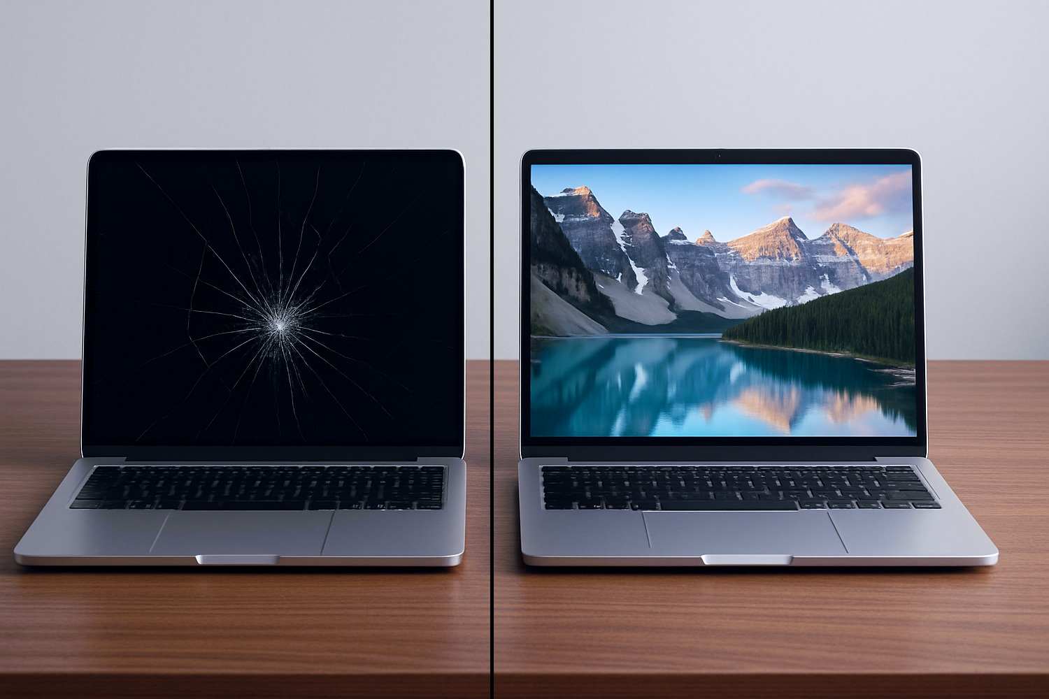 Deux ordinateurs, l’un avec écran cassé et l’autre réparé, illustrant la réparation et maintenance informatique.