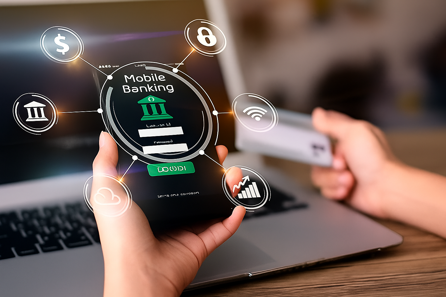 Personne tenant son téléphone devant un ordinateur, avec des icônes représentant des services bancaires et autres, illustrant l’accompagnement numérique complet.